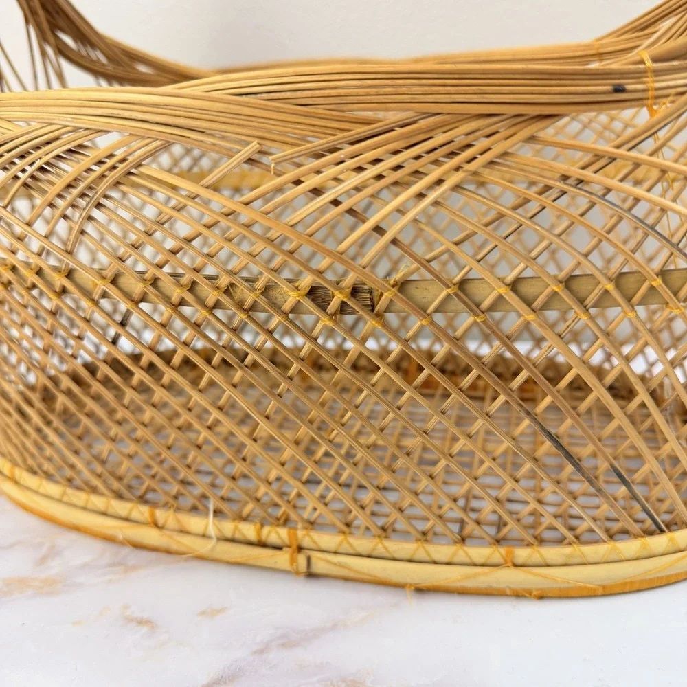 Vintage Japanese Bamboo Basket Open Weave Handle Wabi Sabi Boho Rustic Decor
